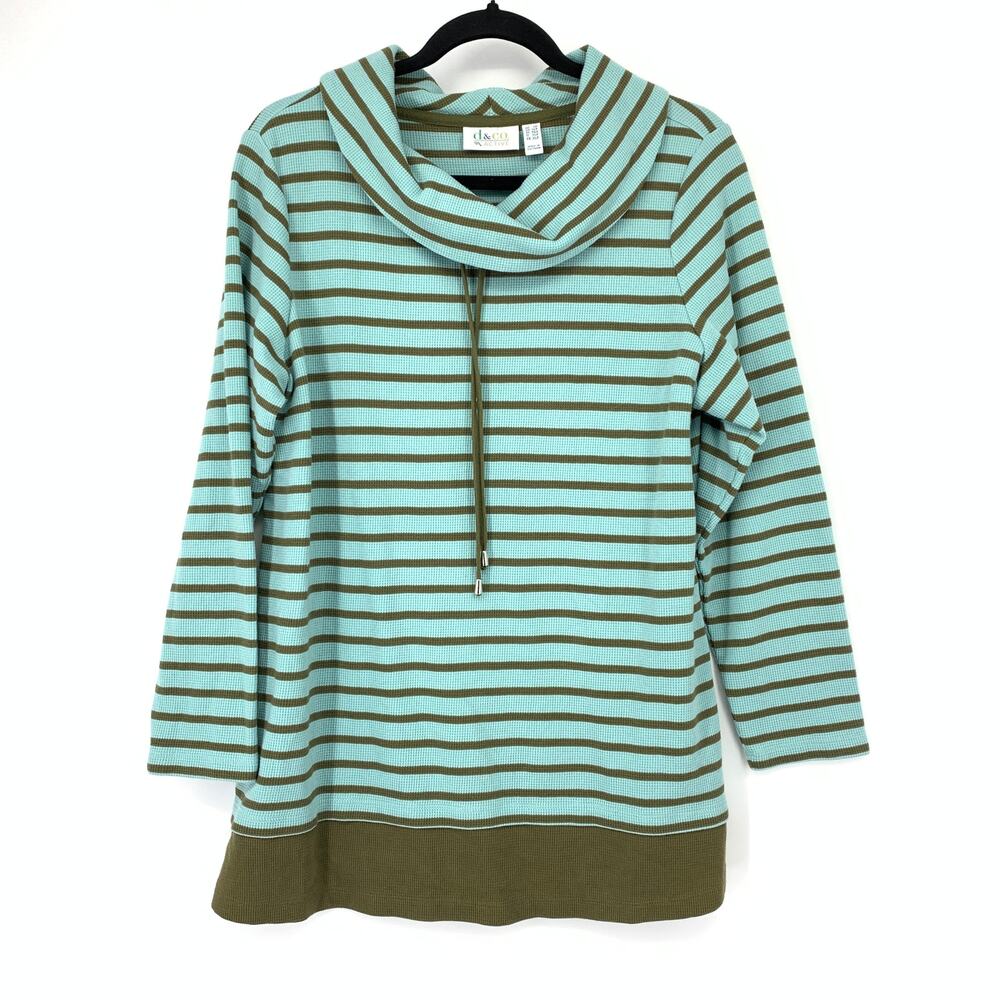 D&Co Active Cowl Neck Pullover Top Womens Size PL Blue Olive Green Striped